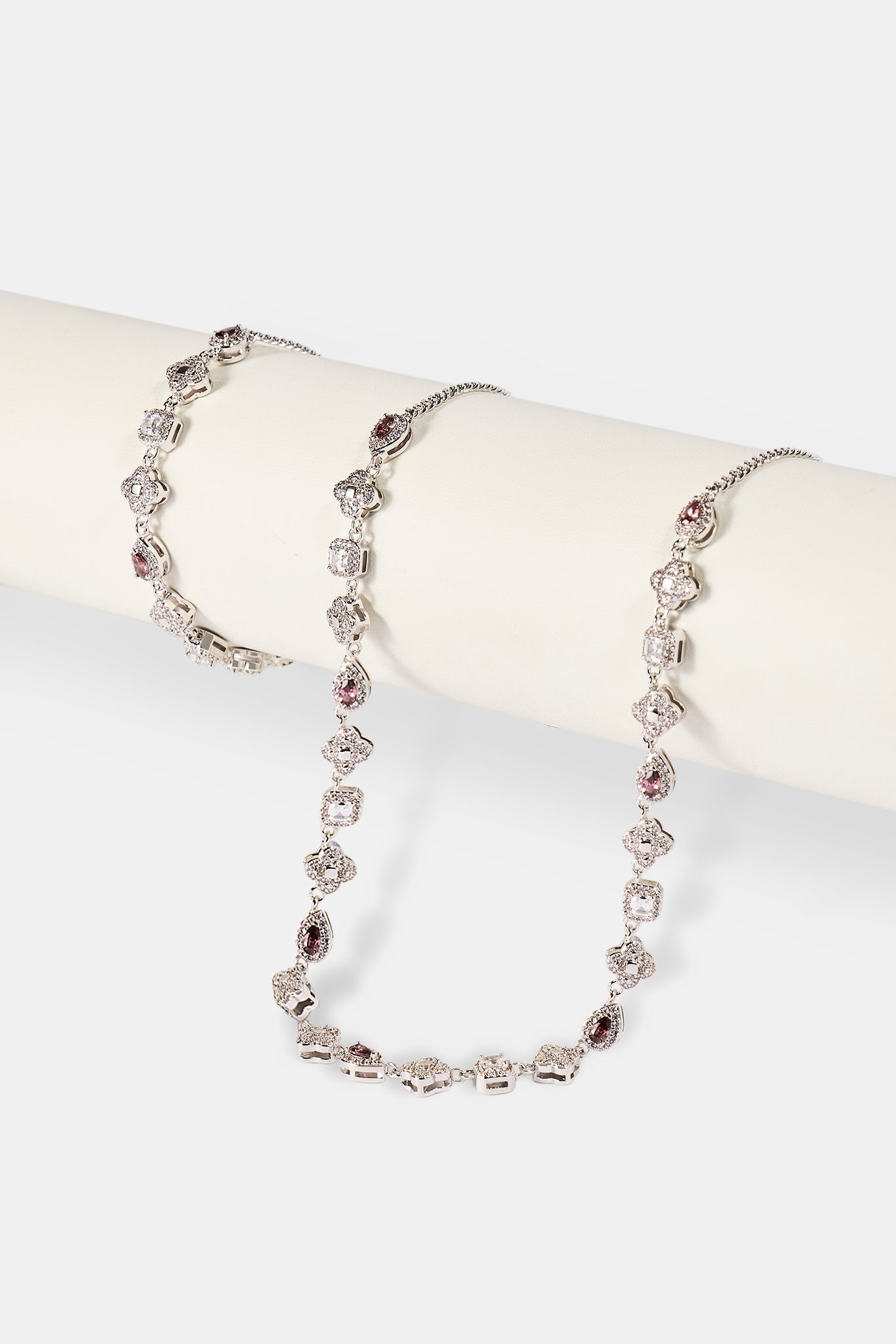 Iced Pink Multi Gemstone Cuban Bracelet & Chain - 3mm - White